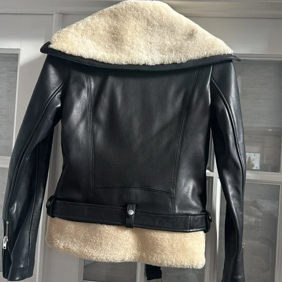 IRO Kohlia Leather and Shearling Moto Jacket Black with Ivory size 36